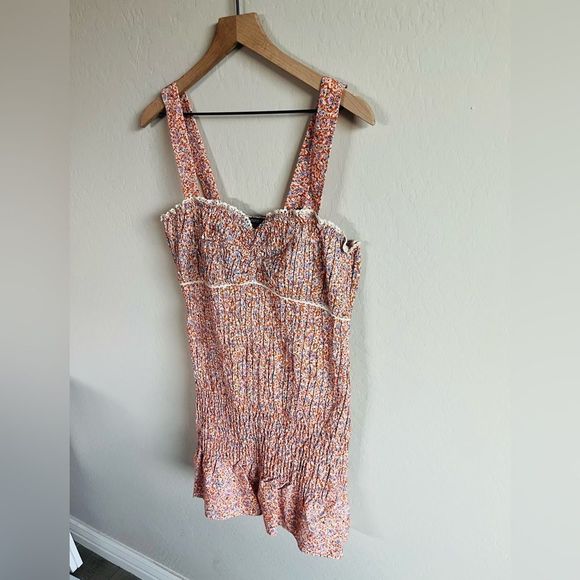 Zara Women’s Orange Floral Ruffle Smocked Mini Bodycon Boho Dress NWOT Size L - Picture 2 of 8